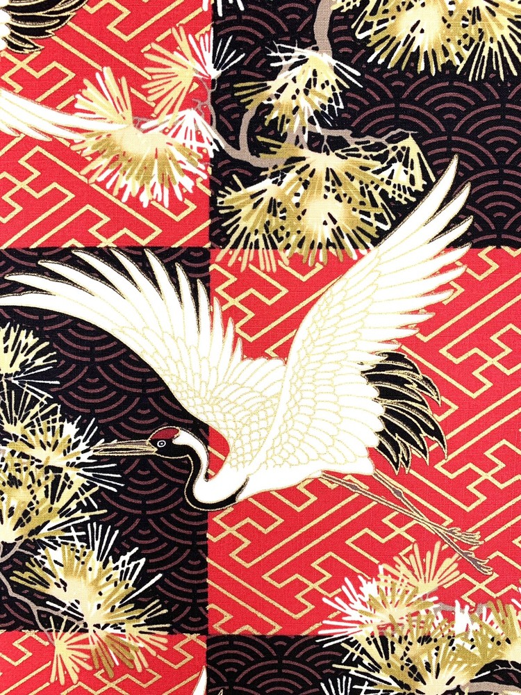 Japanese fabric cranes birds art deco black red gold heron stork asian chinese