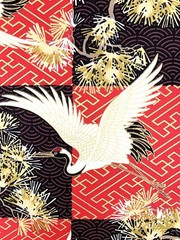 Japanese fabric cranes birds art deco black red gold heron stork asian chinese