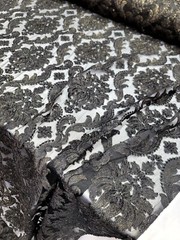 Embroidered Stretch Lace Apparel Fabric Sheer Black Floral Gold Accent – 52″ Wid