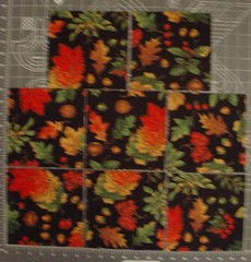8 6.5″ Squares FALL RED ORANGE LEAVES, ACORNS on black Cotton Quilt Craft Fabric