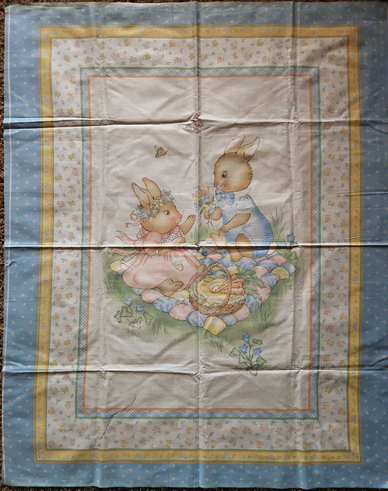 100% cotton crib size quilt top calico bunnies pastel colors 36″ w x 45″ h
