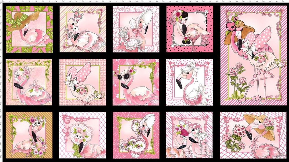 Flamingo Fancy Birds Fabric Loralie Designs Flamingos Black Cotton 24″X44″ Panel