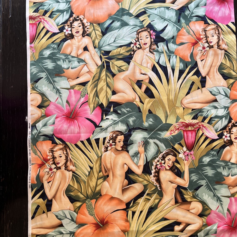 Alexander Henry Fabric Yd Mirage Sexy Pinup Island Girls Hibiscus Palm Leaves
