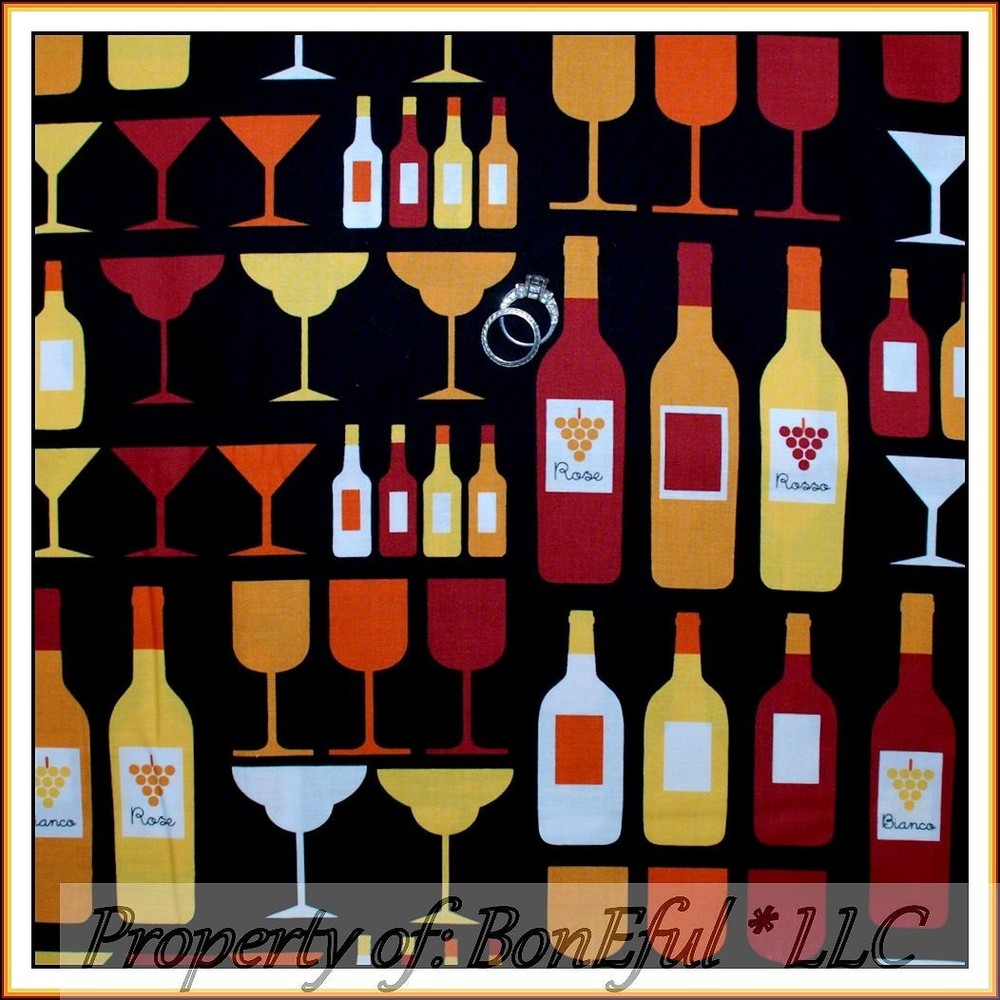 BonEful Fabric FQ Cotton Quilt VTG Food Wine Red Bottle Glass Bar Cheers Wedding