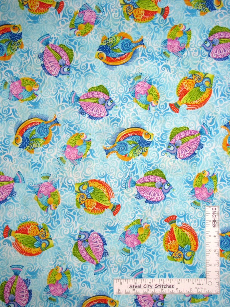 Fish Fishes Nautical Aqua Cotton Fabric QT 24334-Q Jewels of the Sea By Yard