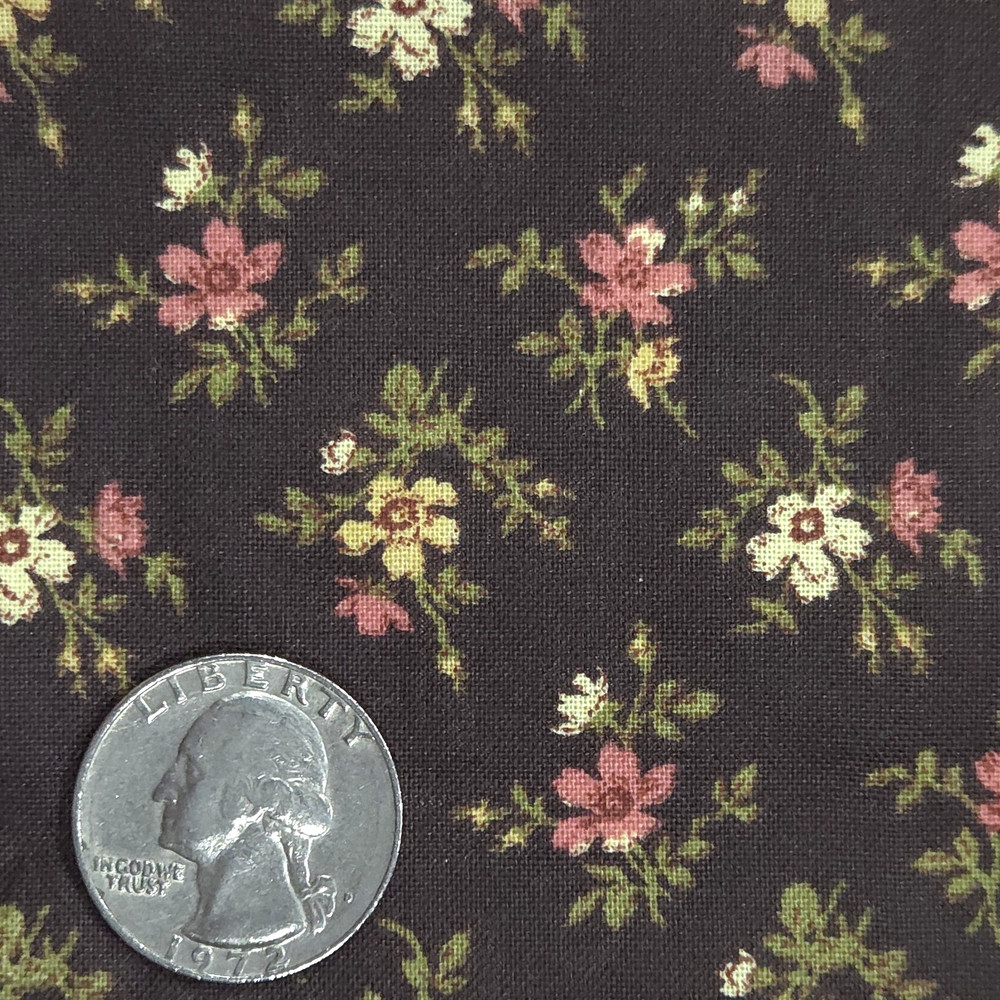 VTG Calico Ditsy Tiny Flowers Pink Cream Green On Brown Cotton Fabric BTY Granny