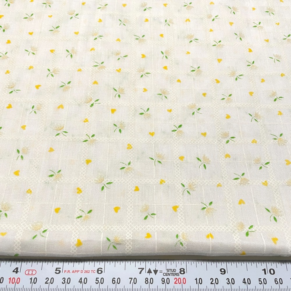 Vintage Semi Sheer Flocked Florals Yellow Hearts Cotton Blend Fabric 3 yards
