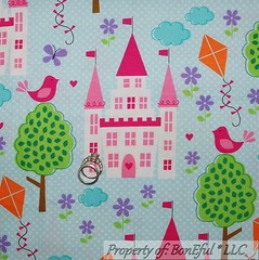 BonEful Fabric FQ Cotton Quilt Blue Pink Princess Girl Castle Bird Kite Flag Dot