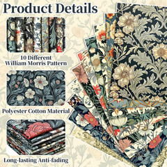 10 Pcs William Morris Quilting Fabric Bundles 20 X 20 Inch | Vintage