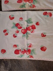 Vintage cotton print fabric strawberries on white curtains 36″x 15″ each