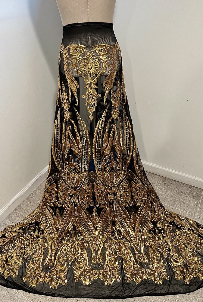 Black Gold 4way stretch sequin Lace fabric 50” Width Sold By The Yard