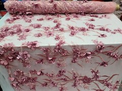 Mauve Bridal 3d Lace Beaded 3d Floral Flowers Satin Embroidered Beads Mesh