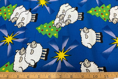 WHIMSICAL CHRISTMAS TREE, LAMB & STARS ON BLUE COTTON- BY THE YARD