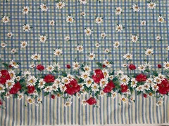 1 Yd X 60″ Vintage Daisy Poppy Border w/Checks & Stripes Fabric Summer Blue Red