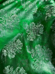 Kelly Green & Silver Floral – Faux Silk Brocade Jacquard Fabric