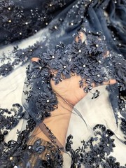 Navy Blue 3D Floral Embroidered With Rhinestones Mesh 3d Lace Fabric By The Yard