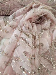 Floral 3D Lace Pink Embroidered Beaded Flowers Mesh Fabric Sold By The Yard Prom