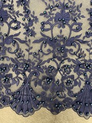 Daphne NAVY BLUE Faux Pearls Beaded Flowers and Vines Lace Embroidery on Mesh F