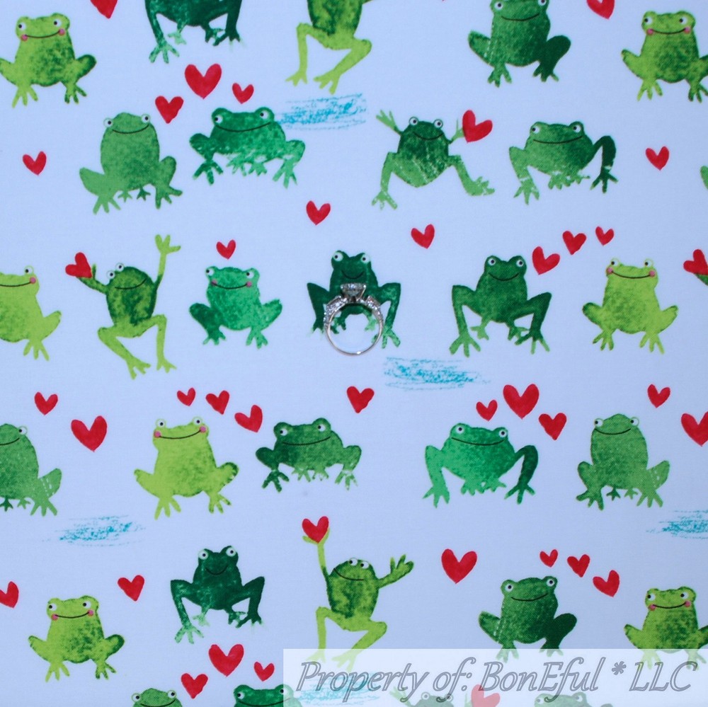 BonEful FABRIC FQ Cotton Quilt White Green Frog Red Heart Blue Water Boy Love US