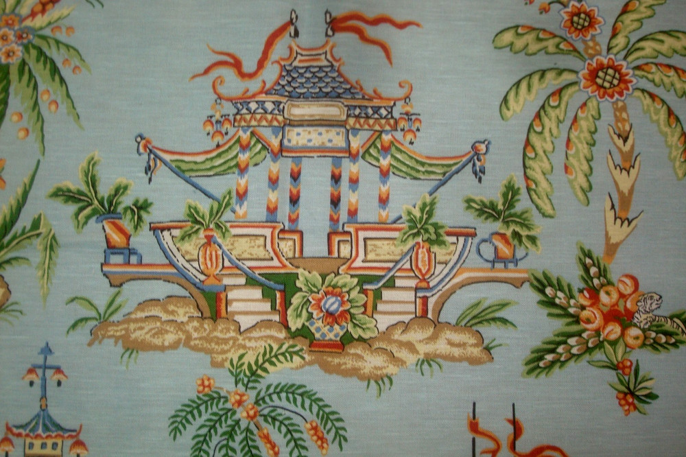 One Yd+Remnants Thibaut Fabric Tea House Chinoiserie Pagoda 3 pc Blue for Pillow