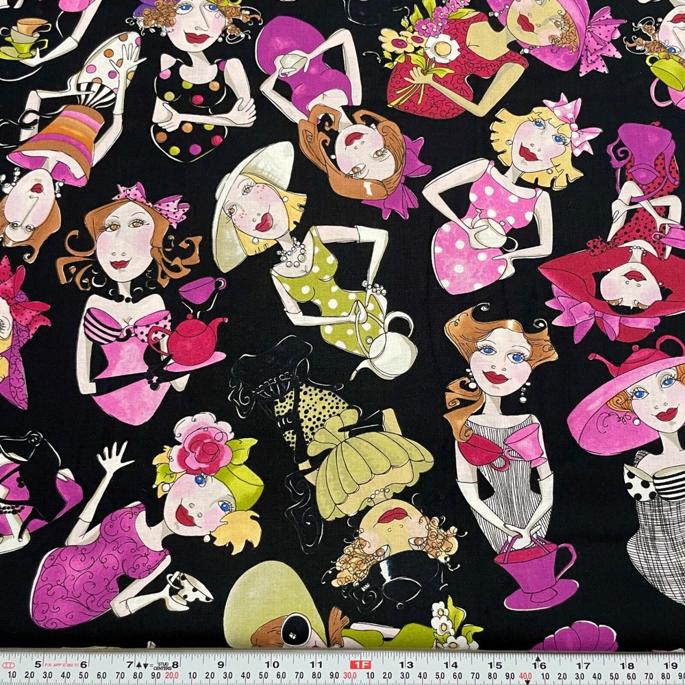 HTF Tea Toss Ladies by Loralie Harris Black Cotton Fabric by the HALF YARD
