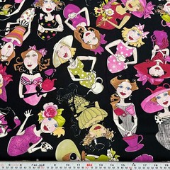 HTF Tea Toss Ladies by Loralie Harris Black Cotton Fabric by the HALF YARD
