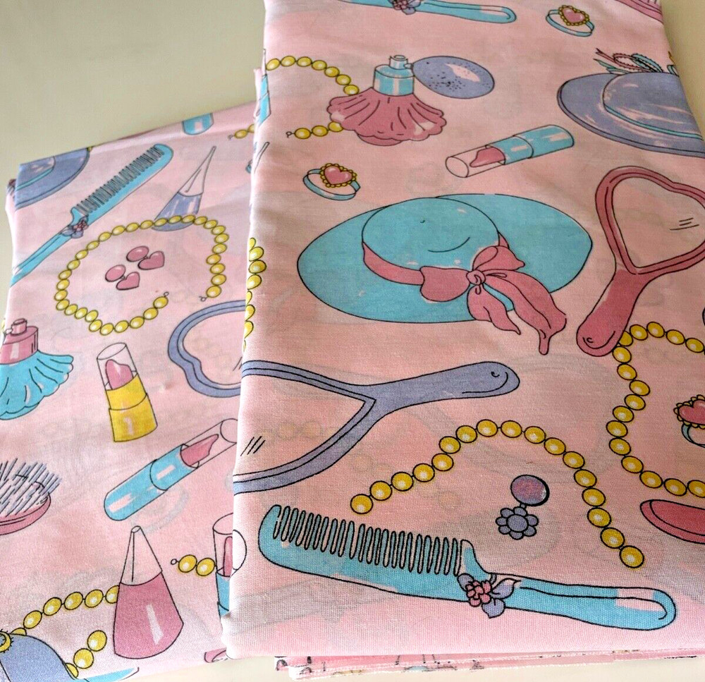 2 Pieces Makeup Jewelry Hats Pattern On Pink Fabric: 120″ x 2.5 Yds Each; Read