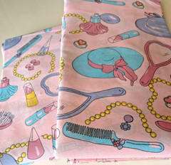 2 Pieces Makeup Jewelry Hats Pattern On Pink Fabric: 120″ x 2.5 Yds Each; Read
