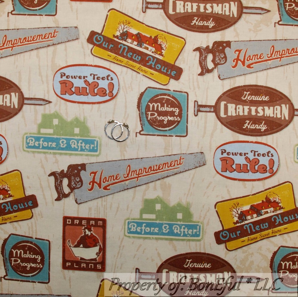 BonEful Fabric FQ Cotton Quilt Brown Wood Craft Saw Man Garage Retro Tool Sign L