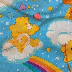 Care Bears Cartoon Print Fabric Blue Rainbow Clouds 44″ W x 89″ L NWOT Vintage
