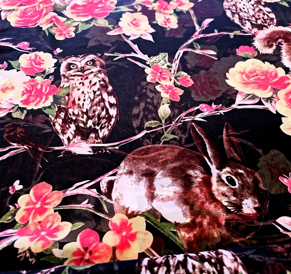 2 Yd Wild Animal Owl Chiffon Apparel Fabric Wood Floral Bunny Black