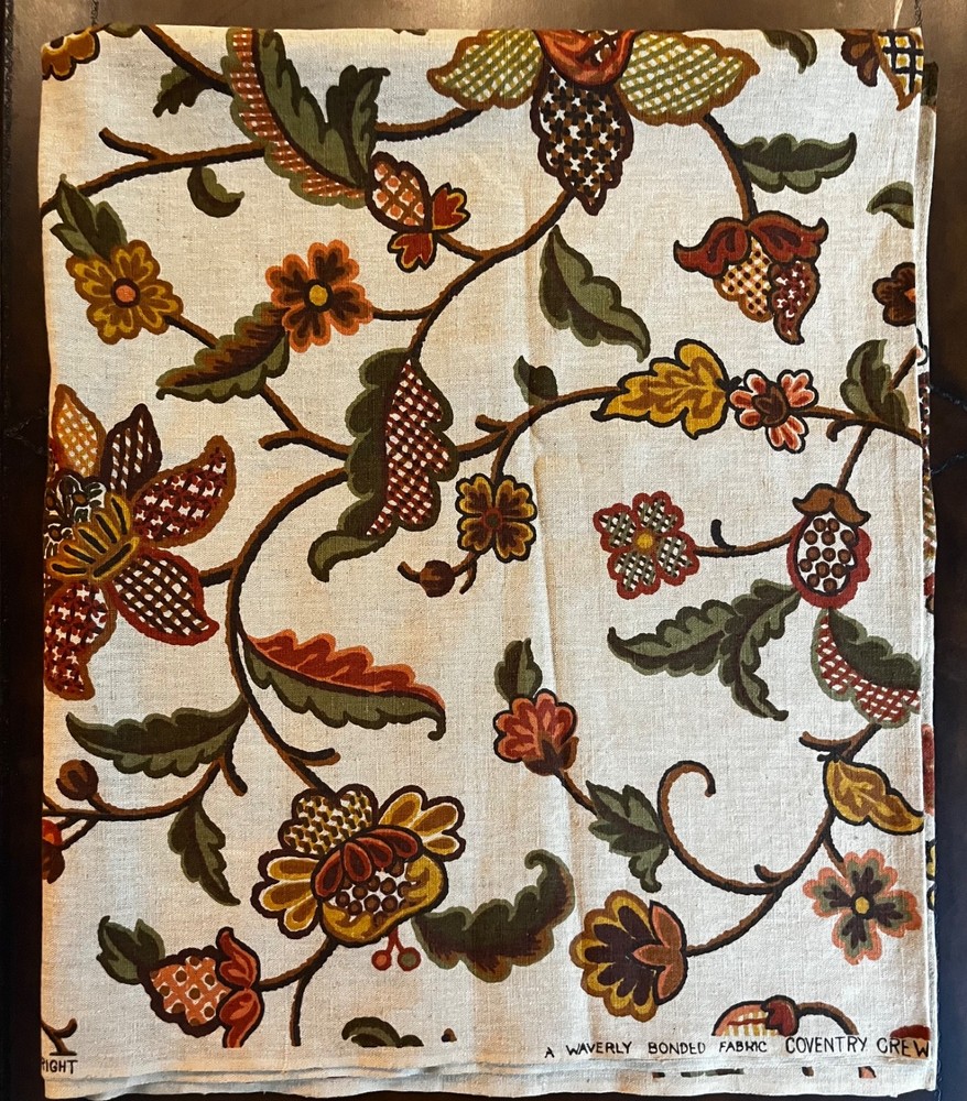 Waverly Coventry Crewel Fabric Faux Linen Cotton Jacobean Floral~3 Yds ~ 47″W