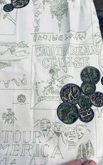 VTG Novelty Travel Themed Famous World Landmarks and Coins 26½” x 28”