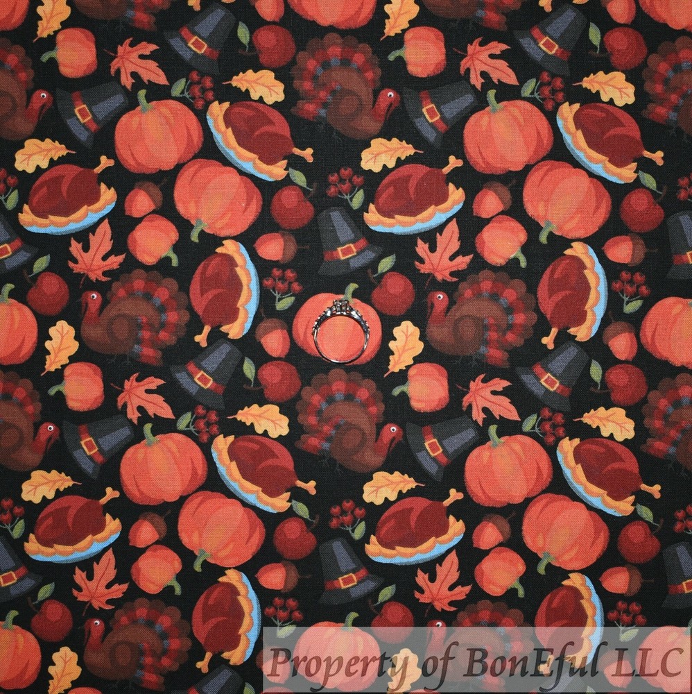 BonEful Fabric FQ Cotton Quilt Black Red Orange Pumpkin Fall Leaf Brown Turkey S