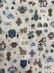 Vtg Cranston Fabric Cross Stitch Print Sampler Country Folk Art on Cream 1.75yd