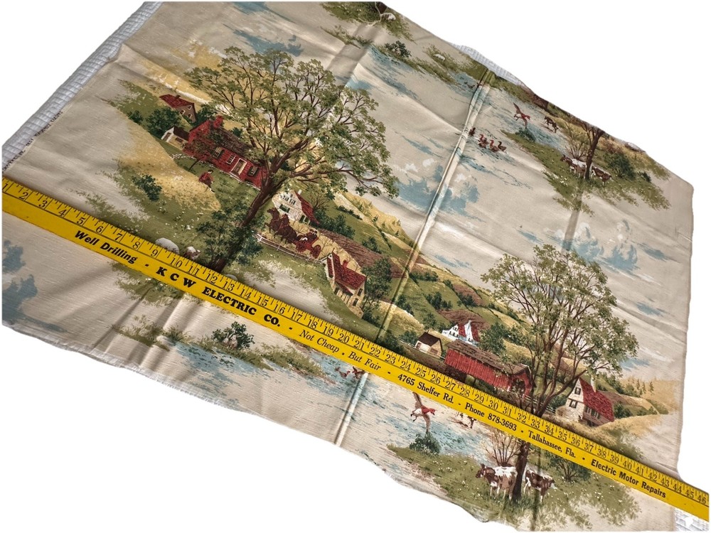 Vintage United Fabrics Silk Blend Scenic Slub Fabric Remnant Country Scene 44×30