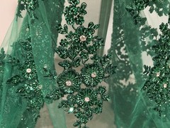 Green Heavy Beaded Sequin Rhinestones Embroidery Lace Fabric 50” Width 1 Yard