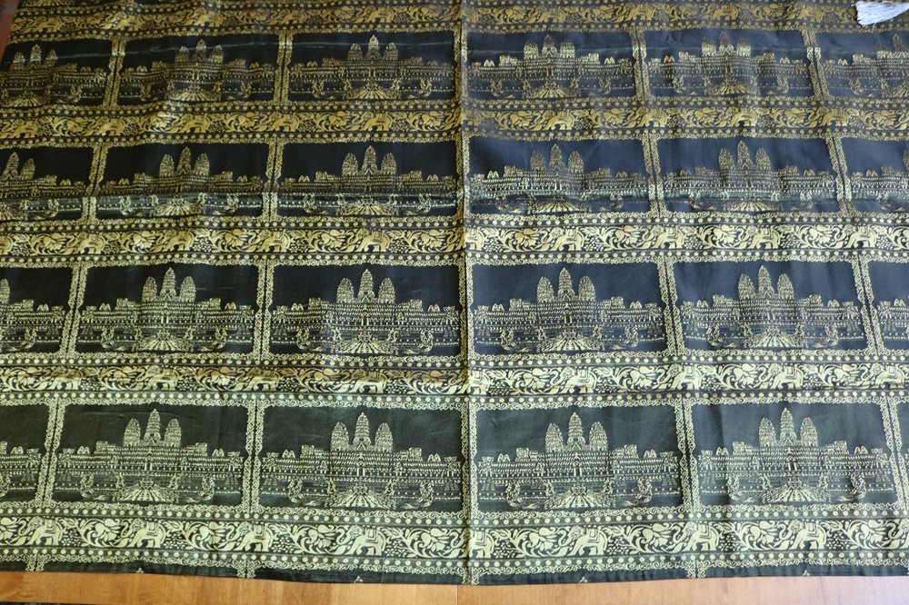 Thai Silk Blend Black Gold Fabric Tablecloth Fabric 37″x70″ Angkor Wat