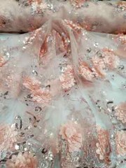 “Blush 3D Floral Lace Fabric with Sequins and Embroidered Double Scallops – Sold