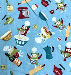 Retro Owls Chef Hats Cooking Kitchen Theme Blue Cotton Fabric BTHY #61