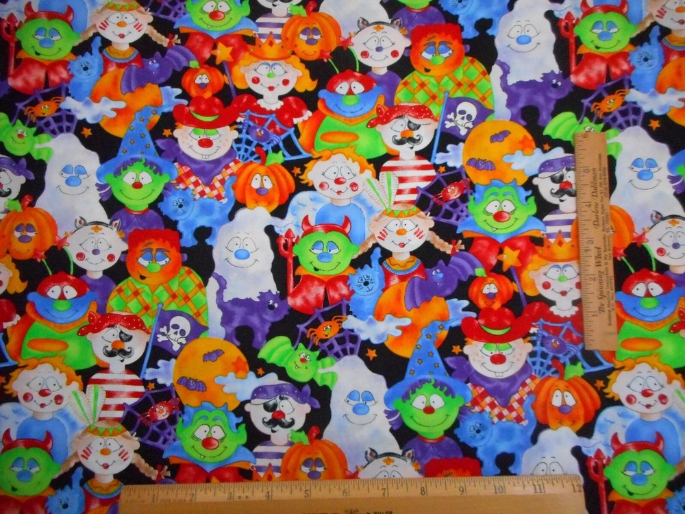 Halloween Fabric 1 5/8 Yard Kids in Costumes Trick or Treat on Black Cotton Vtg