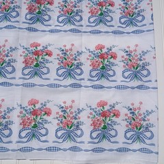 Vintage Floral Fabric White with Blue and Pink Gingham Bows 4 Yards Cottagecore