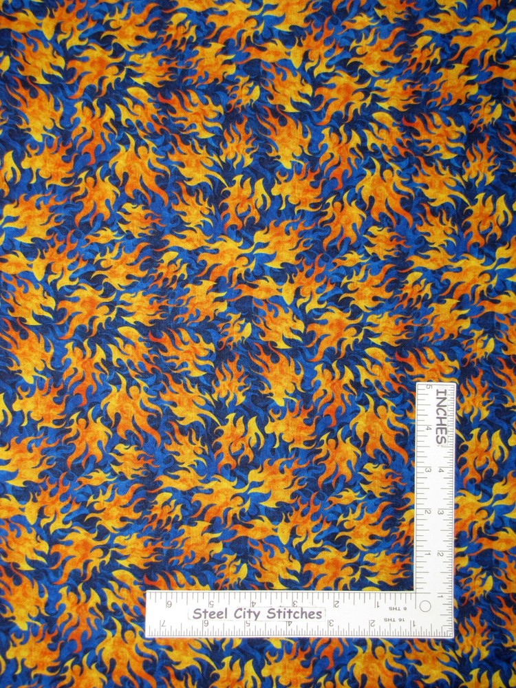 Flames Fire Orange Yellow on Blue Tonal Cotton Fabric QT Easy Rider By The Yard