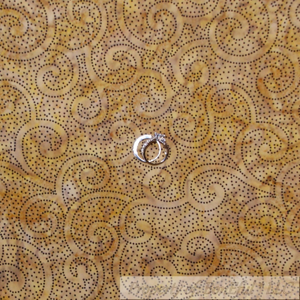 BonEful Fabric FQ Cotton Quilt VTG Brown Gold BATIK Black Dot Swirl Scroll Tonal