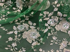 Green Gold Silver Rhinestone Embroidery Lace Fabric 50” Width Sold By The Yard