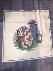 Quilt Scene 2 Block Panel Stone Blue Border Log Cabin Quilt Blocks Fabric 17″