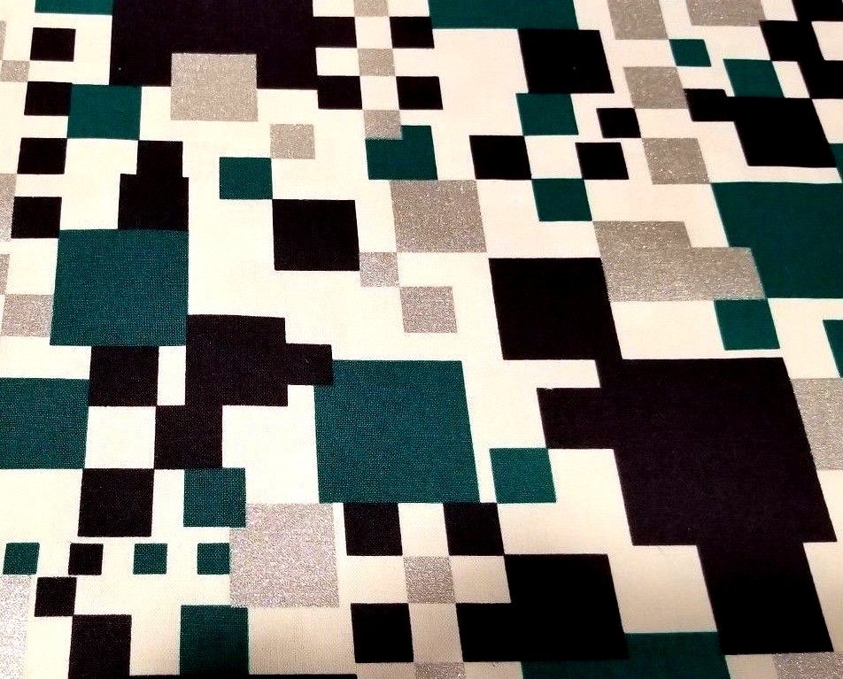 Geometric Squares in Green, Black, Silver on Cotton/Linen Duck Cloth from Japan