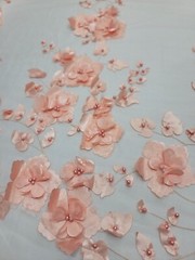 3D Floral Peach Beaded Lace Fabric by the Yard – Mesh Lace with Embroidered Flow