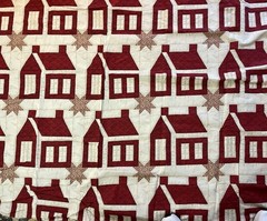 Vintage Red House Cheater Quilt Top. Cotton 10”x10” house. 7’ x 4 1/2’