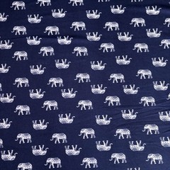 Navy Blue Indigo White Elephant Print Fabric Stretch Knit Blend 1 Yard 36 x 59